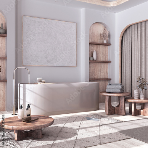 Modern bleached wooden bathroom with curtains, bathtub, tables and carpets in white and beige tones. Parquet floor and arched door. Japandi interior design