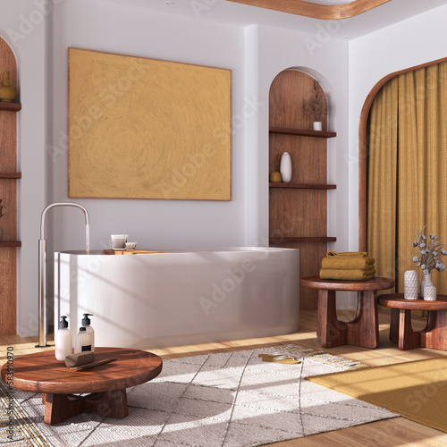 Modern wooden bathroom with curtains, bathtub, tables and carpets in white and yellow tones. Parquet floor and arched door. Japandi interior design