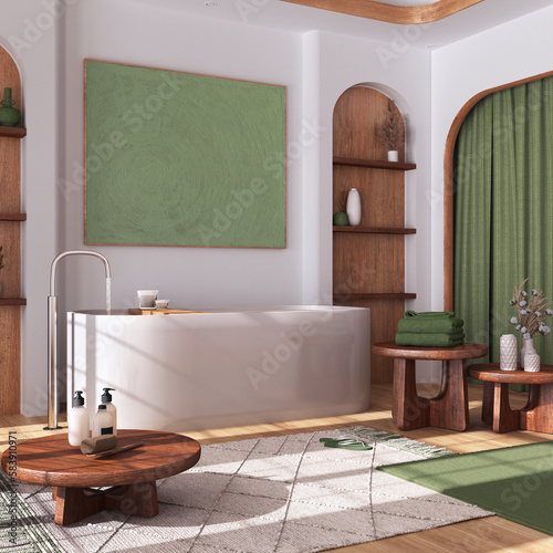 Modern wooden bathroom with curtains  bathtub  tables and carpets in white and green tones. Parquet floor and arched door. Japandi interior design