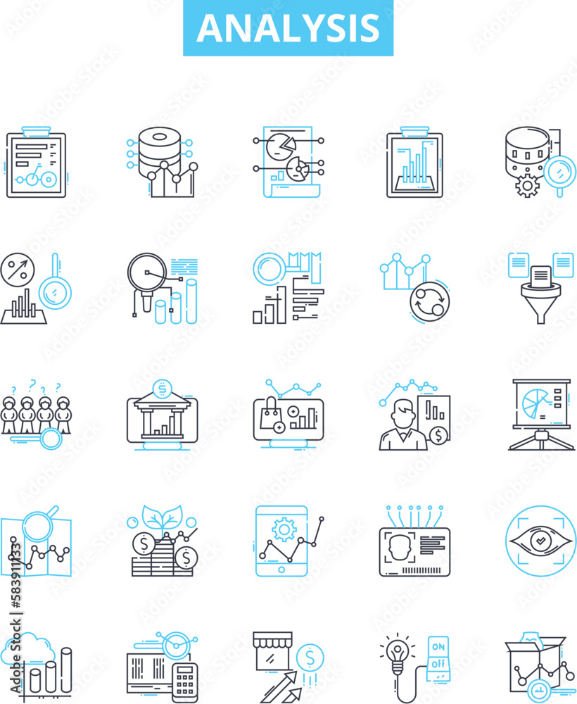Analysis vector line icons set. Analyze, Analyzing, Examining, Studying, Investigating, Exploring, Calculation illustration outline concept symbols and signs
