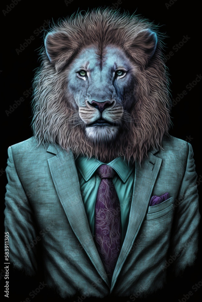 Lion dressed in a business suit isolated on a plain background. Generative AI