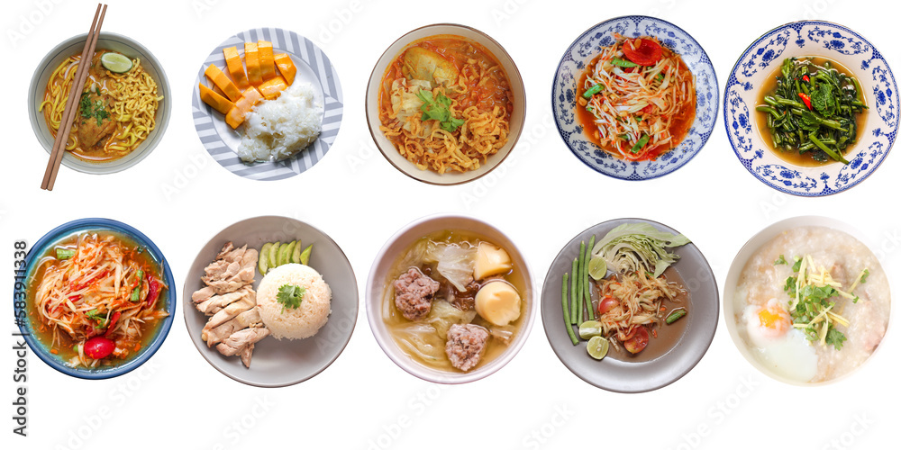 Includes Thai food on a white background, Mango sticky rice, Thai papaya salad, Stir Fried Morning Glory, Khao Soi Recipe, Includes Thai food on a white background, Mango sticky rice, Thai papaya salad, Stir Fried Morning Glory, Khao Soi Recipe,
