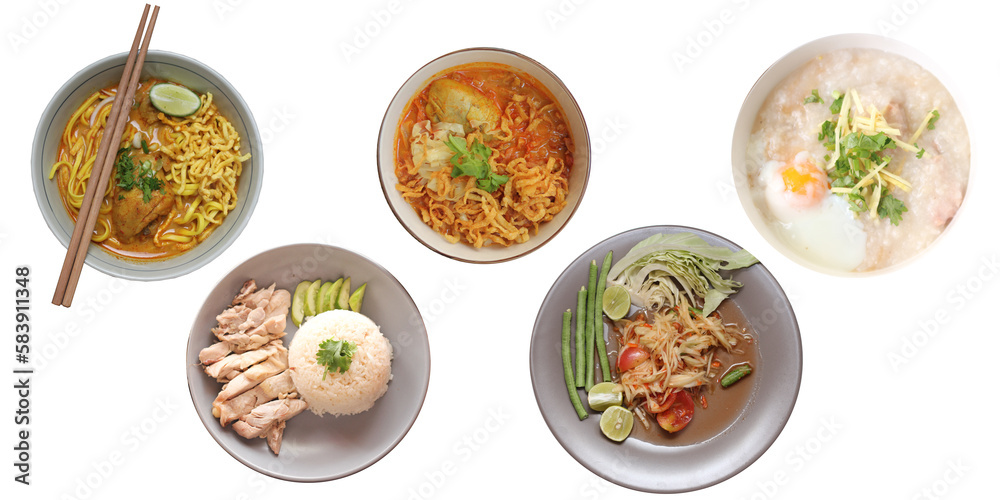Includes Thai food on a white background, Thai papaya salad, Khao Soi Recipe, Hainanese chicken rice, Congee.