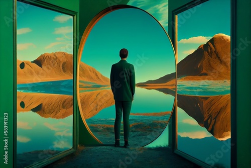 A person standing in front of a mirror, but instead of their reflection, a beautiful landscape is visible, Metaphorical, Enigmatic, Poetic, Conceptual, Thought-provoking. Generative AI