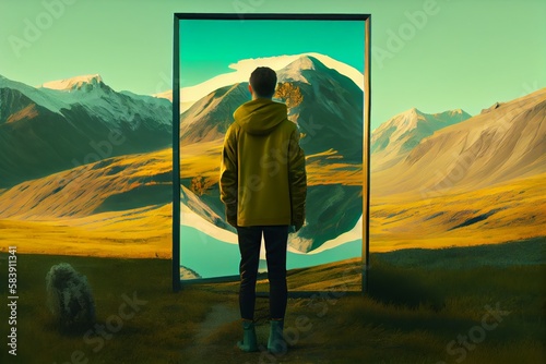 A person standing in front of a mirror, but instead of their reflection, a beautiful landscape is visible, Metaphorical, Enigmatic, Poetic, Conceptual, Thought-provoking. Generative AI