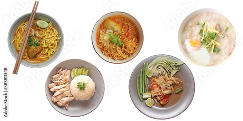 Fototapeta Naklejka Na Ścianę i Meble -  Includes Thai food on a white background, Thai papaya salad, Khao Soi Recipe, Hainanese chicken rice, Congee.