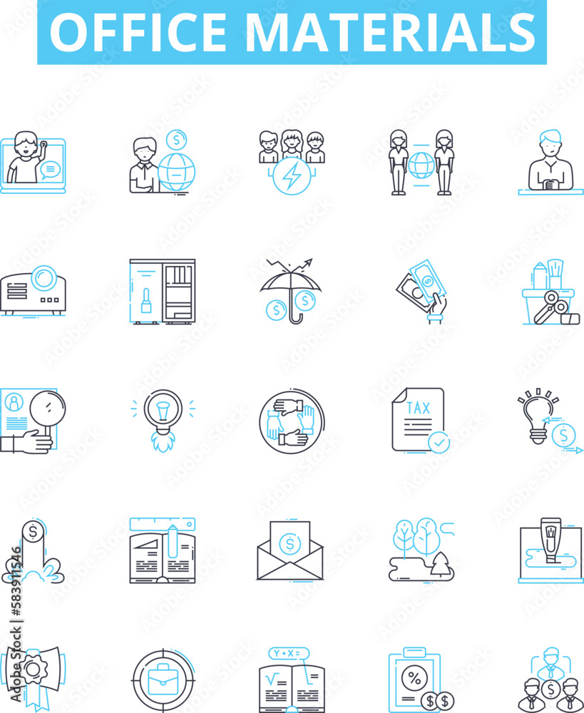 Office materials vector line icons set. Stationery, Furniture, Supplies, Printer, Ink, Paper, Desk illustration outline concept symbols and signs