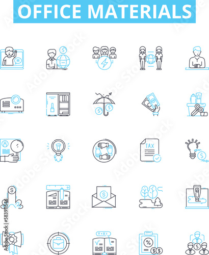 Office materials vector line icons set. Stationery, Furniture, Supplies, Printer, Ink, Paper, Desk illustration outline concept symbols and signs