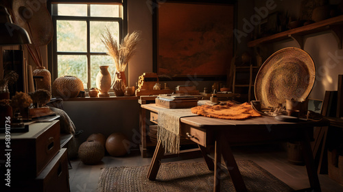 Bohemian home office home inside, desk, rattan, soft warm colors mood in the day - Generative AI