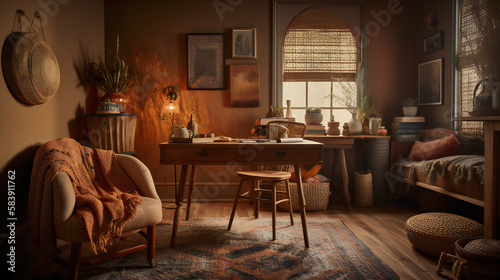 Bohemian home office home inside, desk, rattan, soft warm colors mood in the day - Generative AI