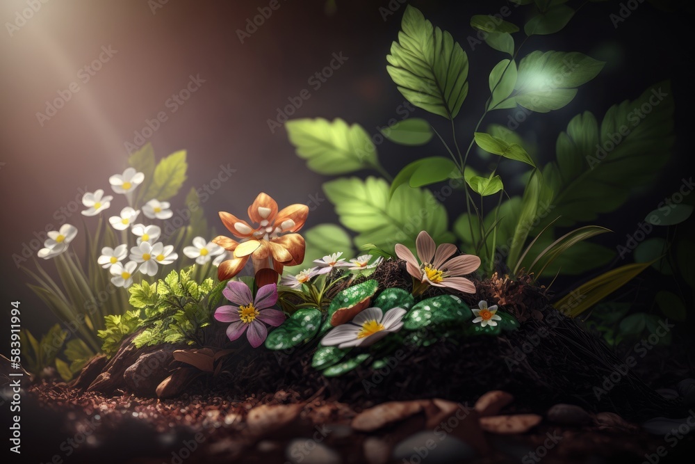 Realistic spring background with flowers and leaves. Generative AI