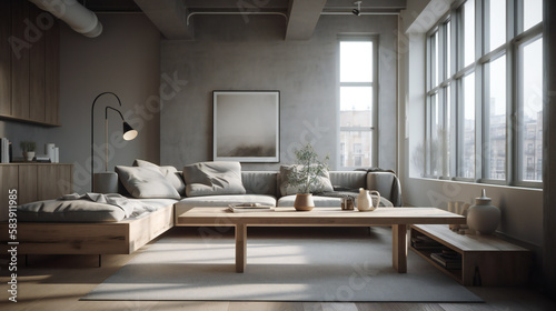 Modern urban city interior design contemporary home, IKEA style wood furniture, zen chill environment, luminous sunny light - Generative AI © Sparkls