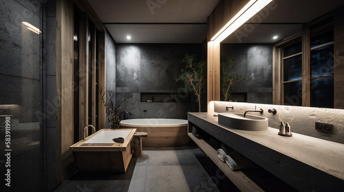 Minimalist luxurious modern bathroom in Tokyo, modern black and wood accents, zen clean environment - Generative AI © Sparkls
