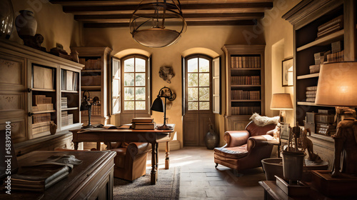 Bohemian home office with a craftsman architecture in Austin, Texas in the afternoon a cozy mood and sunny light - Generative AI photo