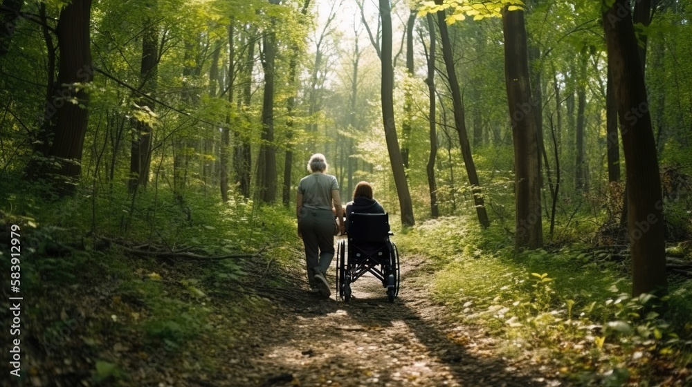 a woman in a wheelchair and a man walking together on a mountain trail ...