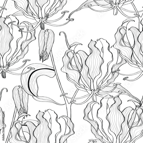 Tropical Leaves and Floral Background - Fire Lily tropical Flowers - Seamless Pattern. Cosmetic, perfumery and medical plant.