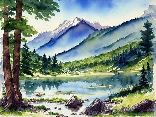 Summer landscape with mountain and lake views, digital watercolor painting, Generative AI © progressman
