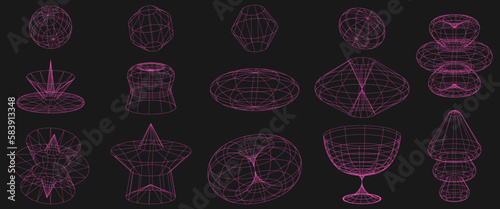 Geometry wireframe shapes and grids in neon pink color. 3D abstract shapes. 00s Y2k retro futuristic aesthetic. photo