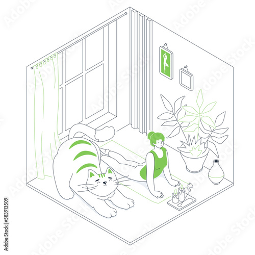 Yoga at home - modern line design style isometric illustration