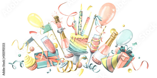 Champagne in bottles and glasses with cake, gifts, balloons, candles, flags and confetti. Watercolor illustration. Festive composition from the collection of HAPPY BIRTHDAY. For congratulations.