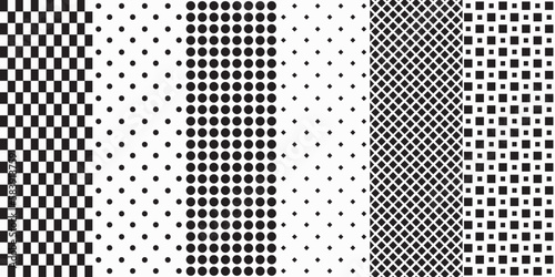 Set of six simple patterns. Set of polka dots, rhombuses, dots, grid. Vector printing for surface application can be seamless.