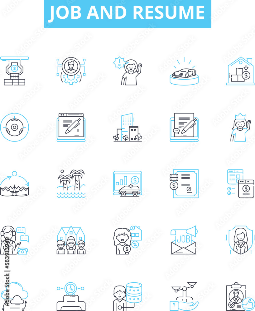 Job and resume vector line icons set. Job, Resume, Employment, Hiring, Interview, Career, Application illustration outline concept symbols and signs