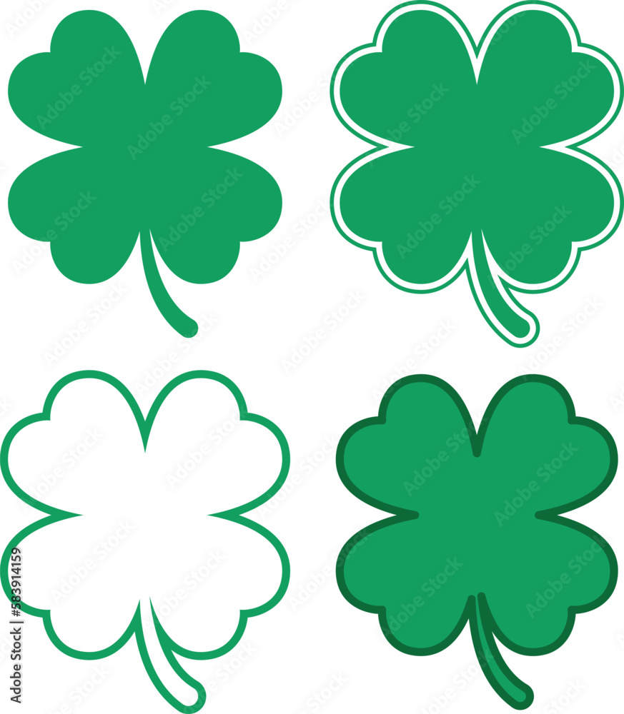 Four leaf clover symbol with four variations. Shamrock shapes.