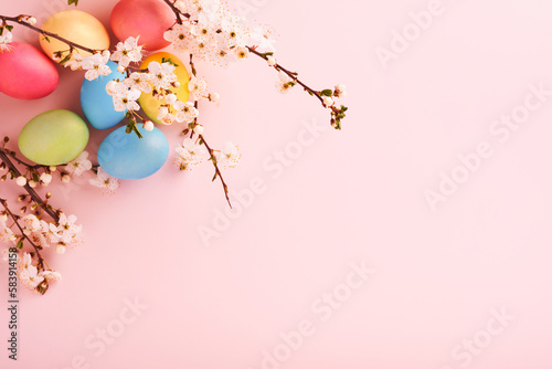 Happy Easter. Dyed Easter eggs on rustic table with cherry blossom tree branch on pink background. Easter holiday card background with copy space. Top view.