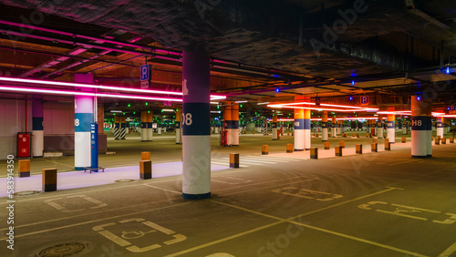 View from drone of the bigger underground parking shopping mall in night