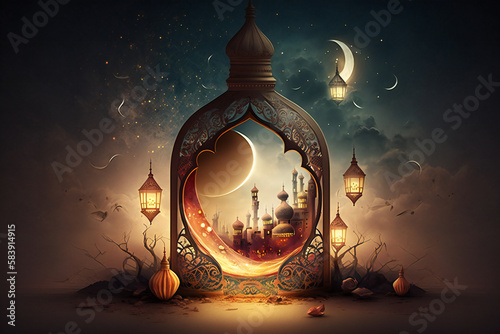 Muslim Holy Month Ramadan Kareem Decorated Frame Design with Elements Generative Ai