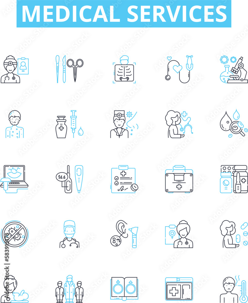 Medical services vector line icons set. Medicine, Health, Treatment, Surgery, Care, Tests, Hospitals illustration outline concept symbols and signs Medical services vector line icons set. Medicine, Health, Treatment, Surgery, Care, Tests, Hospitals illustration outline concept symbols and signs