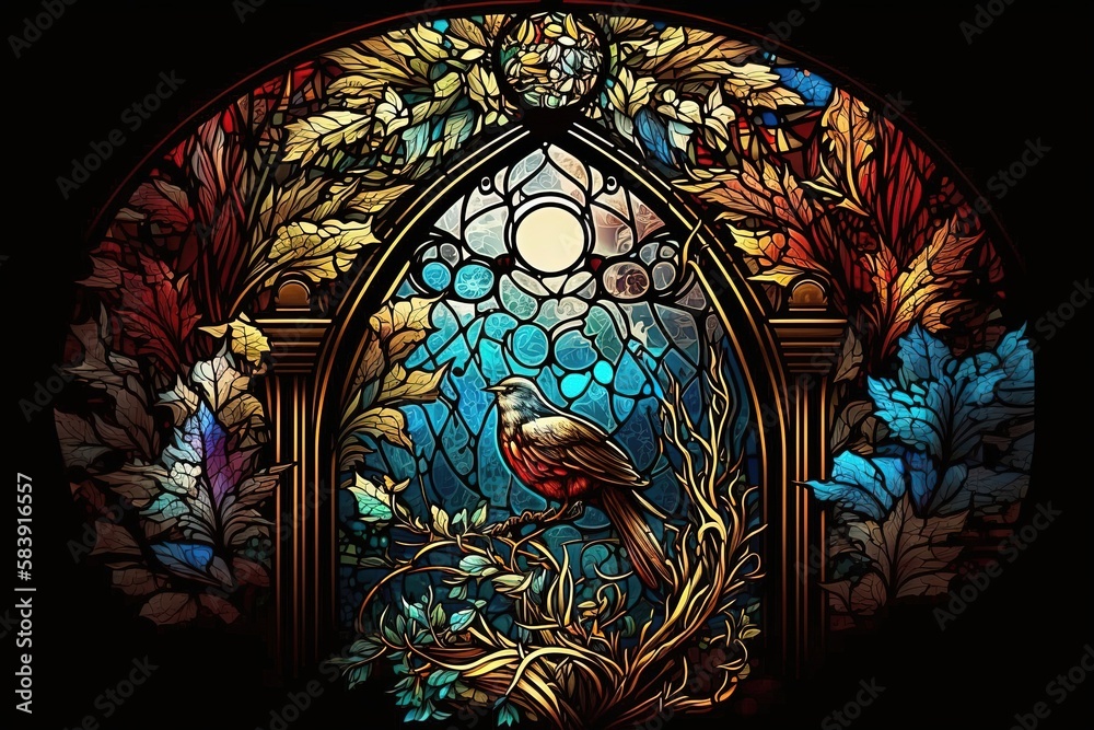 A large, ornate stained glass window in a cathedral, depicting a scene