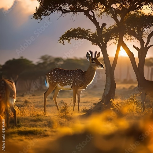 anime style, dikdik antelope in jungle, golden sunlight in orange sky, dramatic clouds, cell shading, sharp focus, emitting diodes, smoke, artillery, sparks, racks, system unit, motherboard, by pasca photo