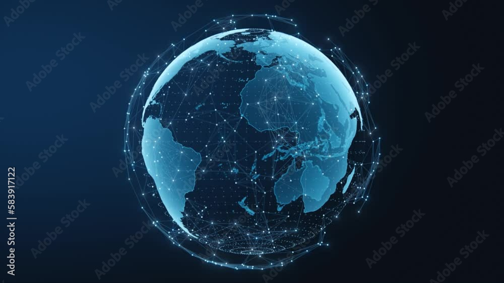 Tech earth globalization in 3d animation. Global Business dots on rotating planet.