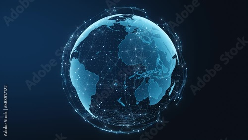 Tech earth globalization in 3d animation. Global Business dots on rotating planet.