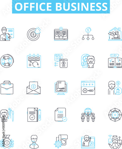 Office business vector line icons set. Office, Business, Workplace, Desk, Stationery, Documents, Printer illustration outline concept symbols and signs