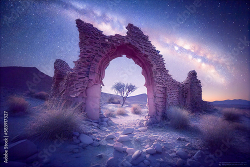 Ancient ruins of old building at night, illustration created with generative AI.