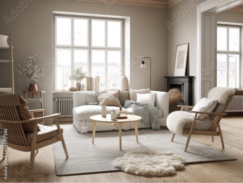 Scandinavian interior design living room with large window. Generative AI © Natee Meepian