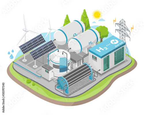 hydrogen fuel cell ecology concept h2 energy power plant green power ecology system illustration isometric isolated vector isometric photo