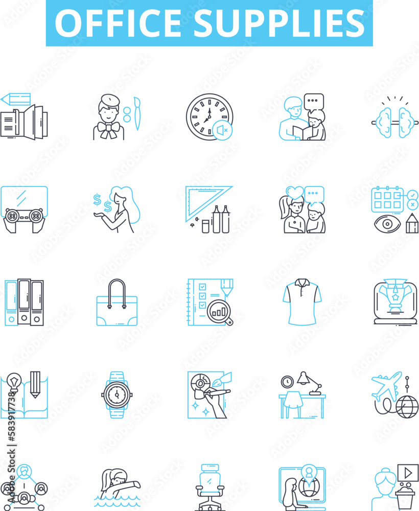 Office supplies vector line icons set. Stationery, Paper, Pencils, Pens, Envelopes, Folders, Post-it illustration outline concept symbols and signs