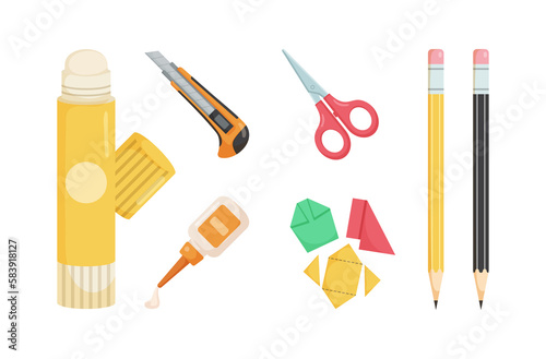 Art stationary elements in cartoon character,colorful accessories for paint and drawing