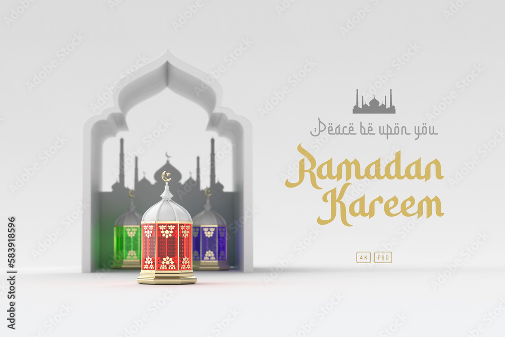 Naklejka premium 3d islamic greetings ramadan kareem card design template background with beautiful lanterns and crescent