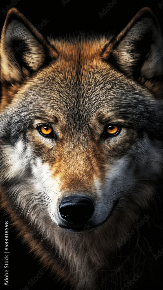 Obraz premium Smartphone wallpaper with the face of a wolf from the front. Generative AI.