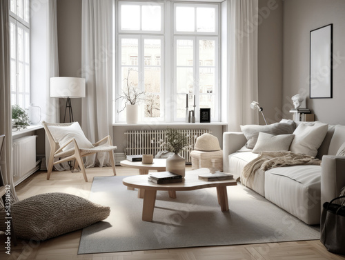 Beautiful cozy beige scandinavian living room with wooden furniture. Generative AI © Natee Meepian