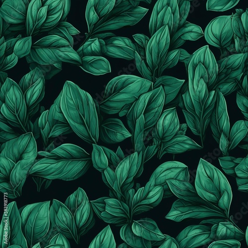 Basil leaves seamless pattern, created with generative AI