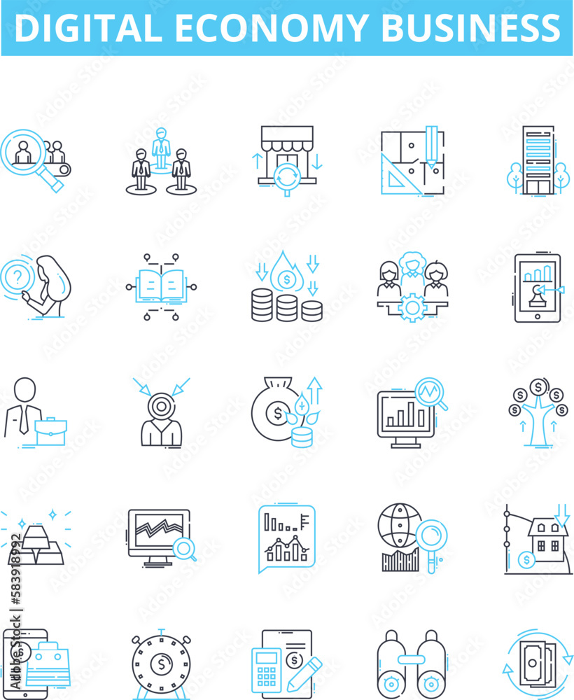 Digital economy business vector line icons set. Digital, Economy, Business, eCommerce, Online, Technology, Services illustration outline concept symbols and signs