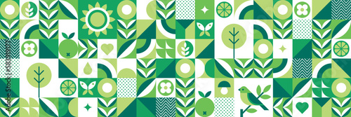 Modern geometric background. Abstract nature: Trees, leaves, flowers, fruits, birds and butterflies. Set of icons in flat minimalist style. Bauhaus. Seamless pattern. Vector botanical illustration. 