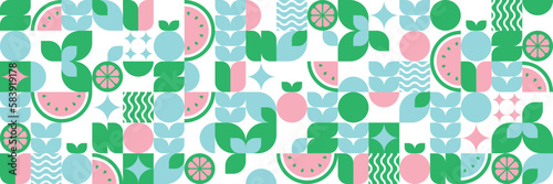 Modern geometric background. Abstract nature: flowers, leaves and fruits. Set of icons in flat minimalist style. Bauhaus. Seamless pattern. Vector botanical illustration. 