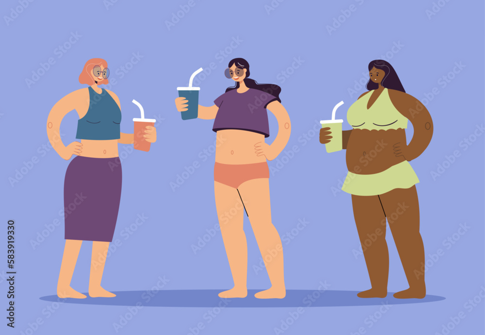 Obraz premium Happy women having drinks vector illustration. Group of female friends spending time together. Various types of bodies. Body, figure, diversity, fitness, health care concept