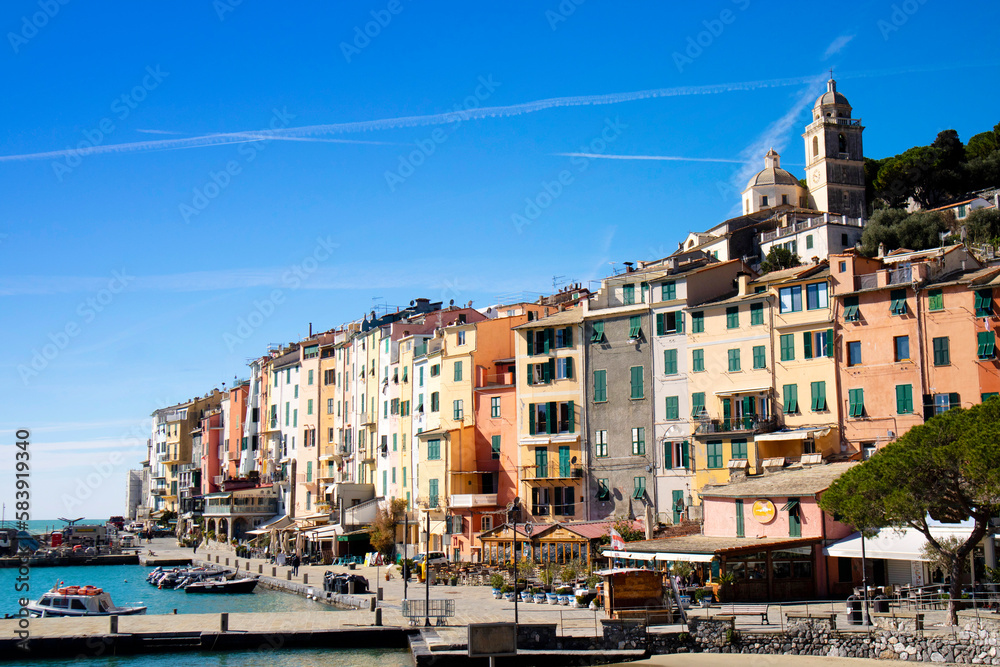 Photographic view of the colorful village of Portovenere